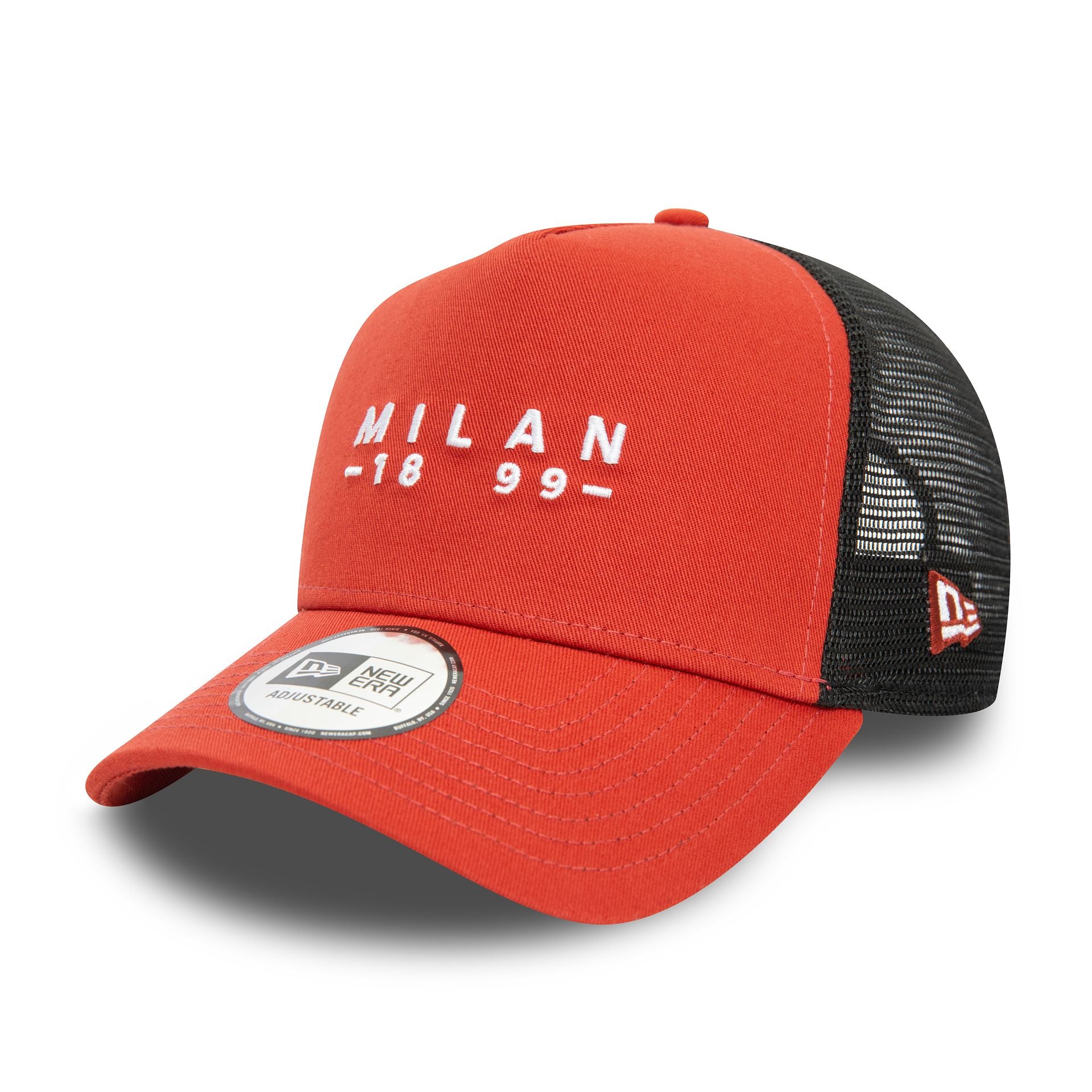 This is a AC Milan Seasonal Wordmark Copper 9FORTY E-Frame Adjustable Trucker Cap 1