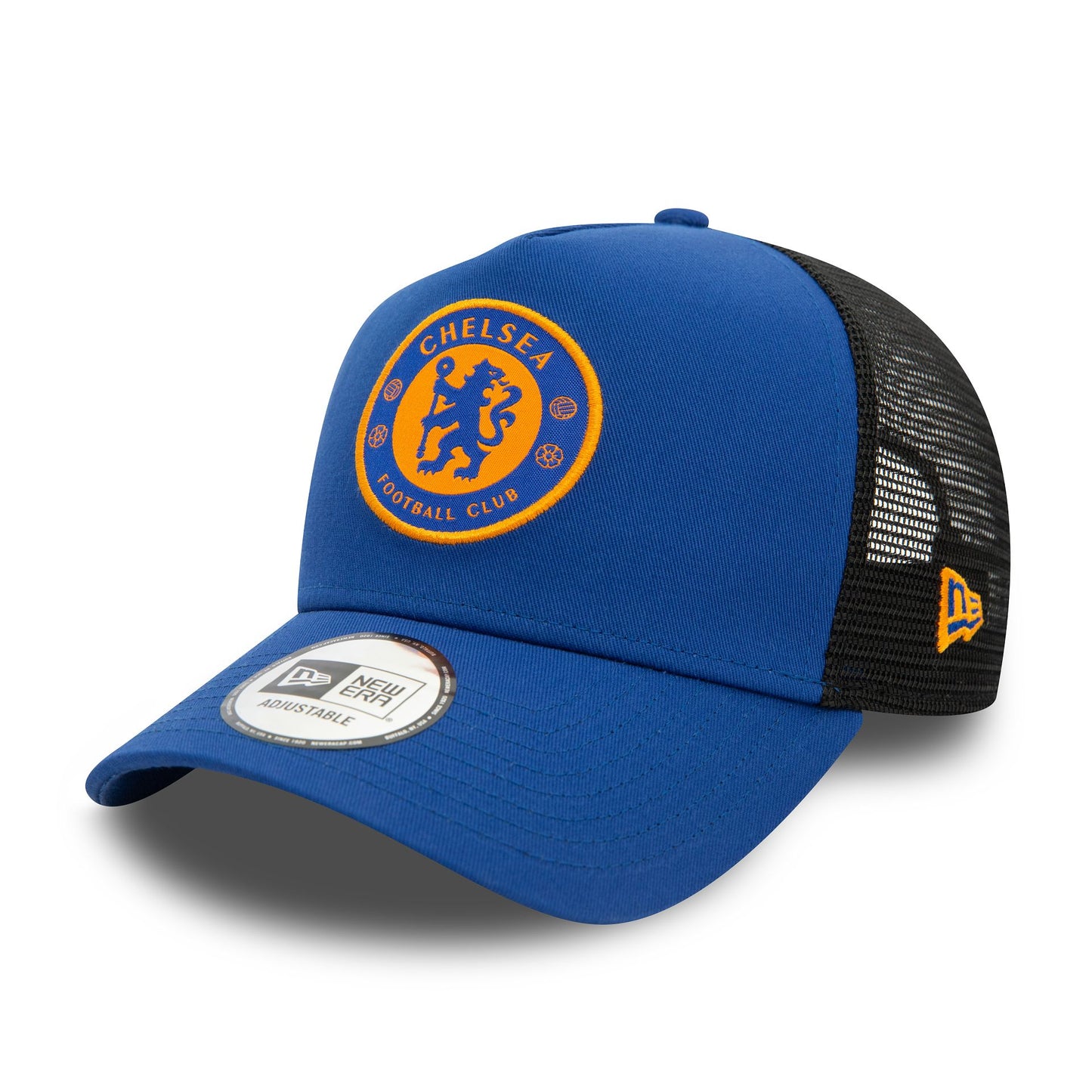 This is a Chelsea FC Lion Crest Seasonal Blue 9FORTY E-Frame Adjustable Trucker Cap 1