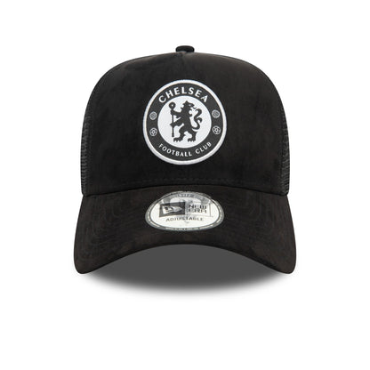 This is a Chelsea FC Lion Crest Faux Suede Black 9FORTY E-Frame Adjustable Trucker Cap 2