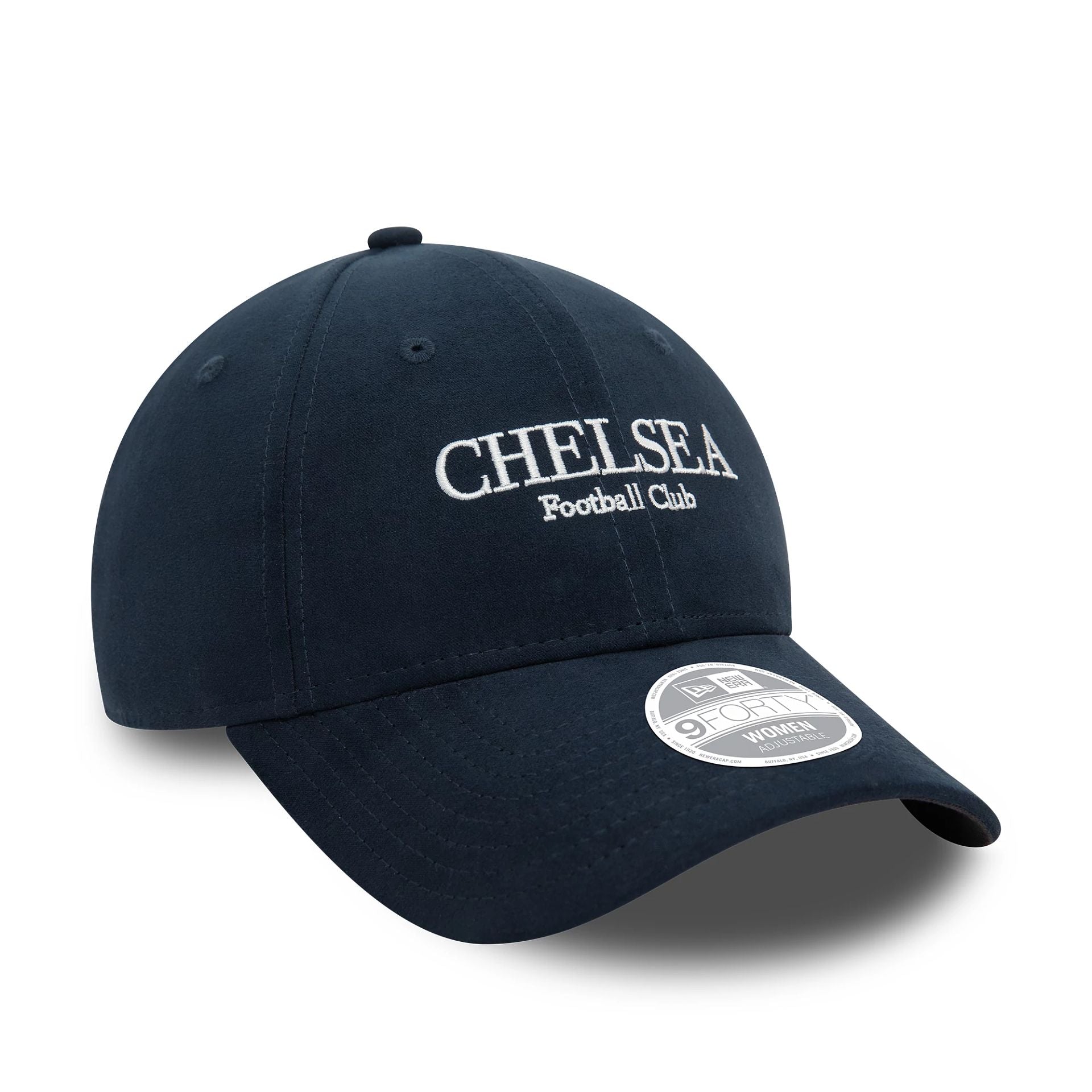 This is a Chelsea FC Wordmark Womens Suede Navy 9FORTY Adjustable Cap 1