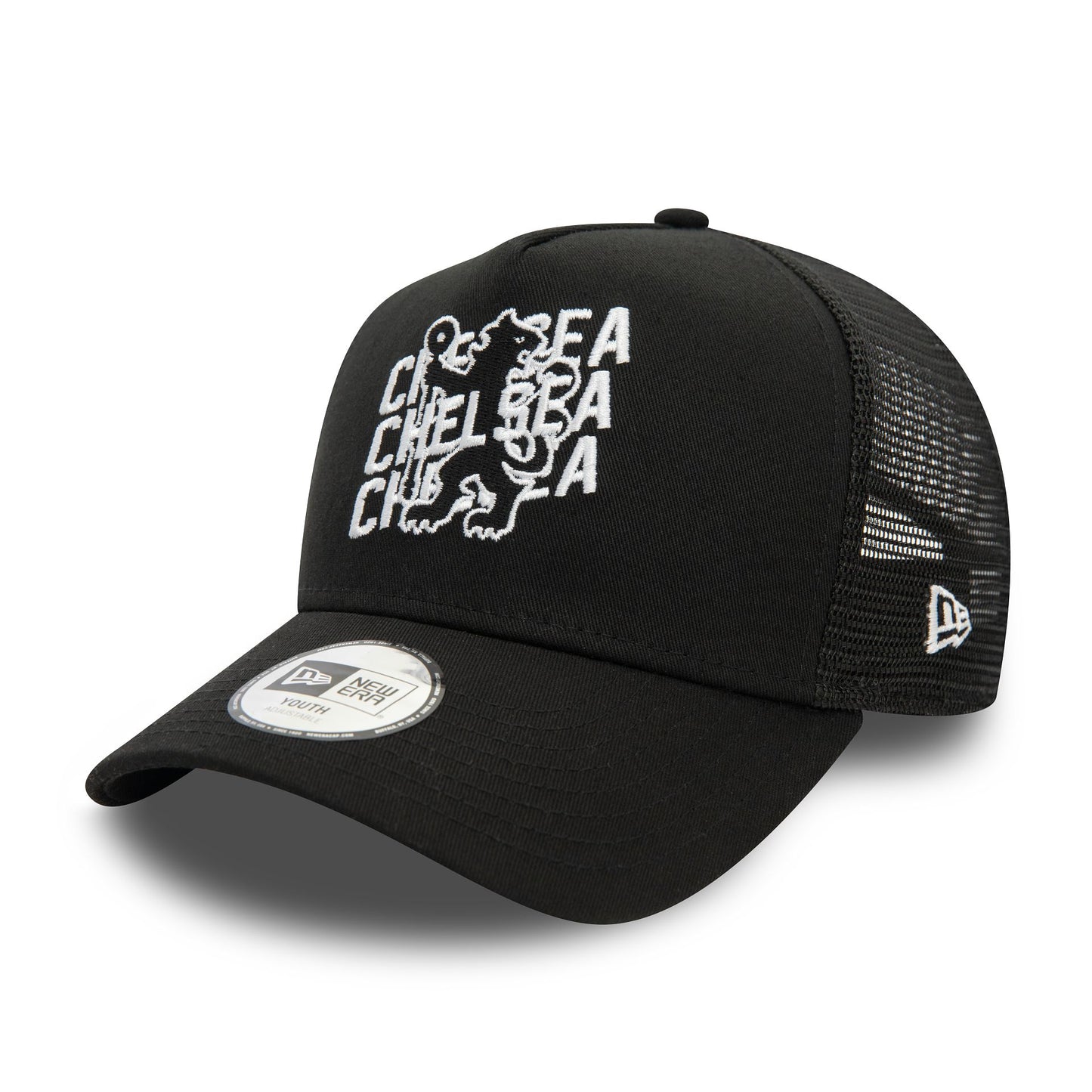 This is a Chelsea FC Wordmark Overlay Lion Crest Black 9FORTY A-Frame Adjustable Trucker Cap 1