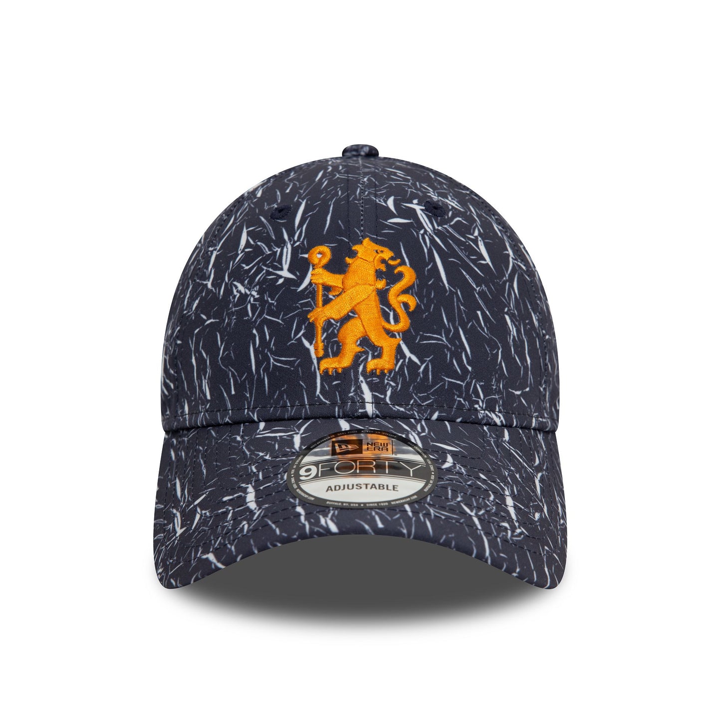 This is a Chelsea FC Lion Crest Crinkle All Over Print Navy 9FORTY Adjustable Cap 2