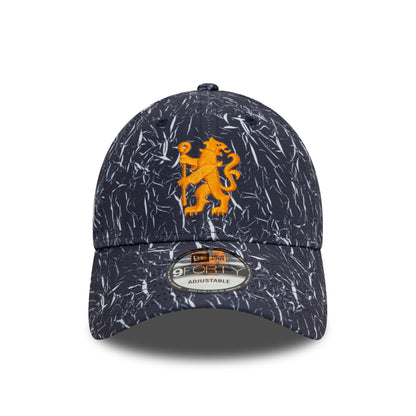 This is a Chelsea FC Lion Crest Crinkle All Over Print Navy 9FORTY Adjustable Cap 2