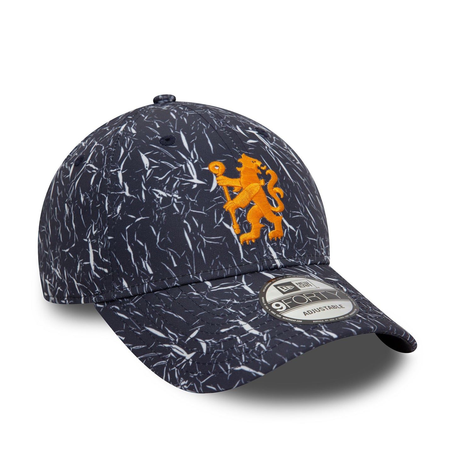 This is a Chelsea FC Lion Crest Crinkle All Over Print Navy 9FORTY Adjustable Cap 1