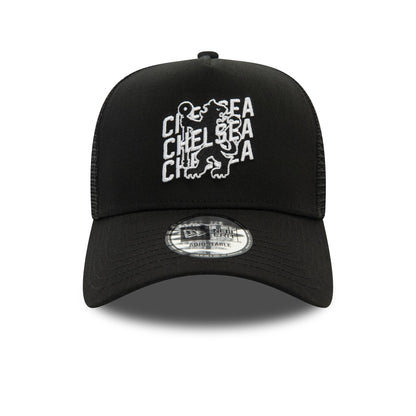 This is a Chelsea FC Wordmark Overlay Black 9FORTY E-Frame Adjustable Trucker Cap 3