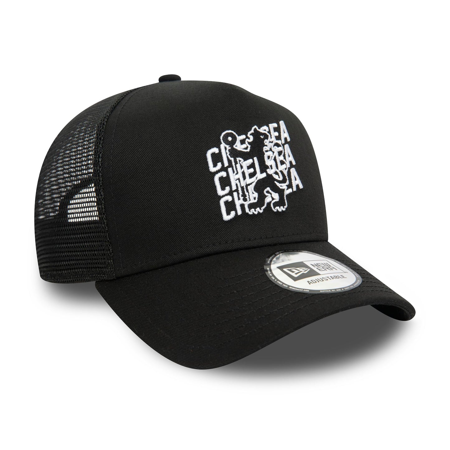 This is a Chelsea FC Wordmark Overlay Black 9FORTY E-Frame Adjustable Trucker Cap 2