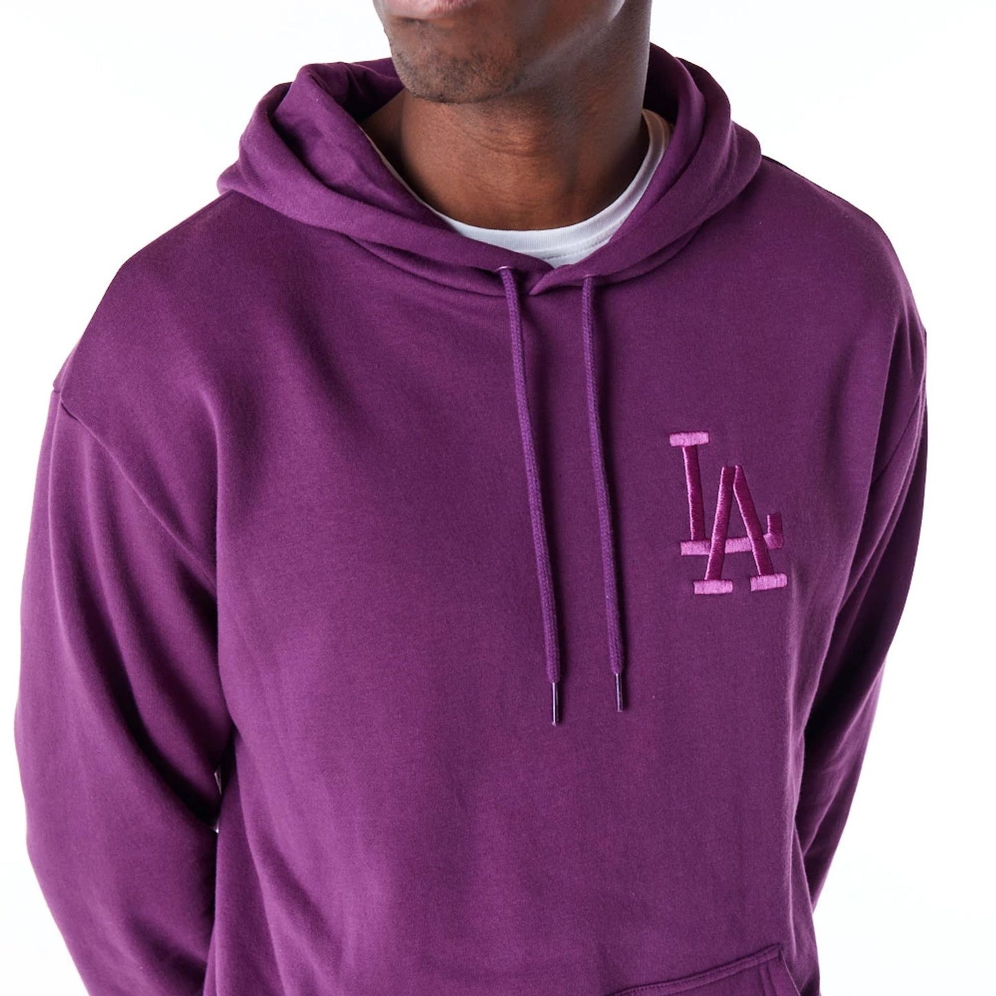 The Male model is wearing LA Dodgers League Essential Dark Purple Oversized Pullover Hoodie 6