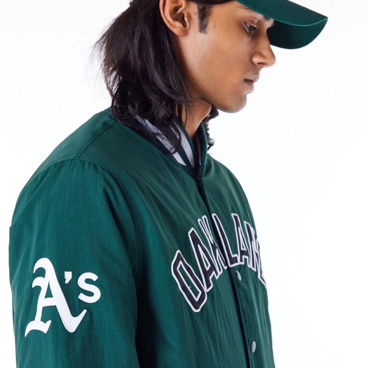 The Male model is wearing Oakland Athletics MLB Wordmark Dark Green Bomber Jacket 3