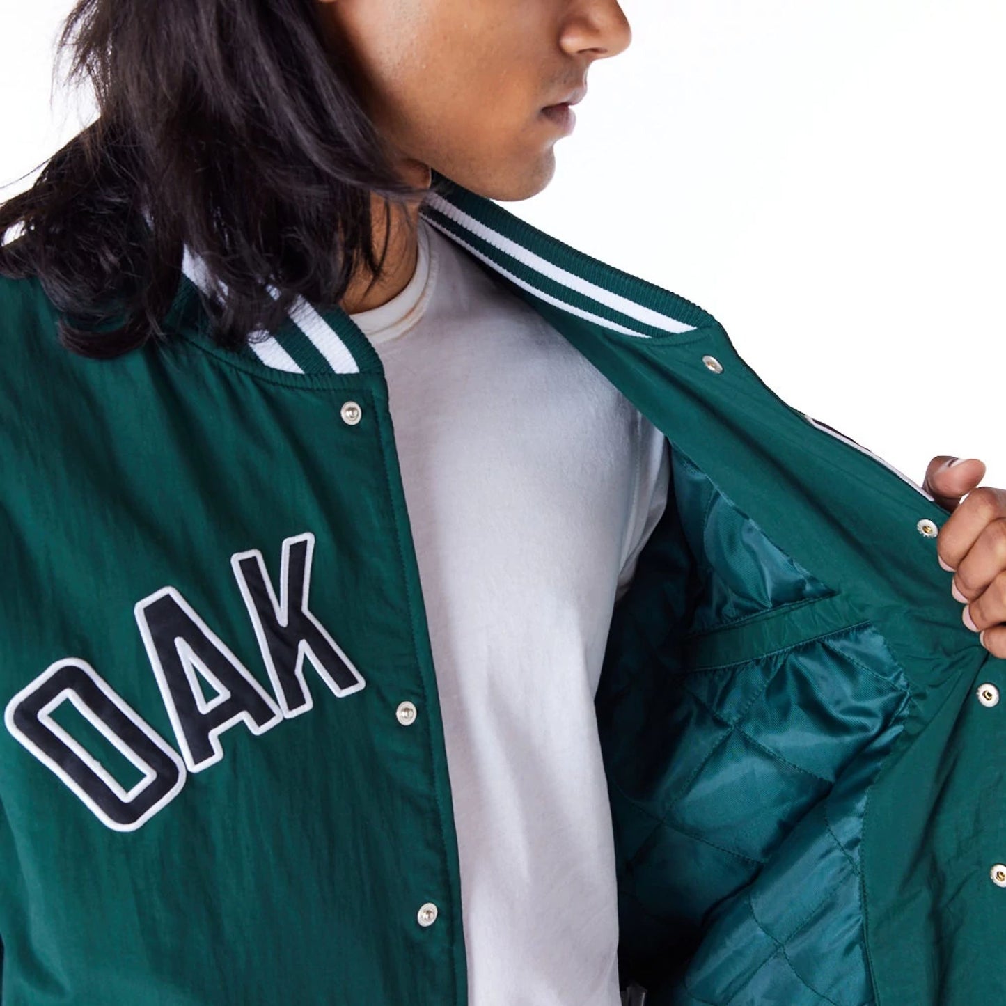 The Male model is wearing Oakland Athletics MLB Wordmark Dark Green Bomber Jacket 4