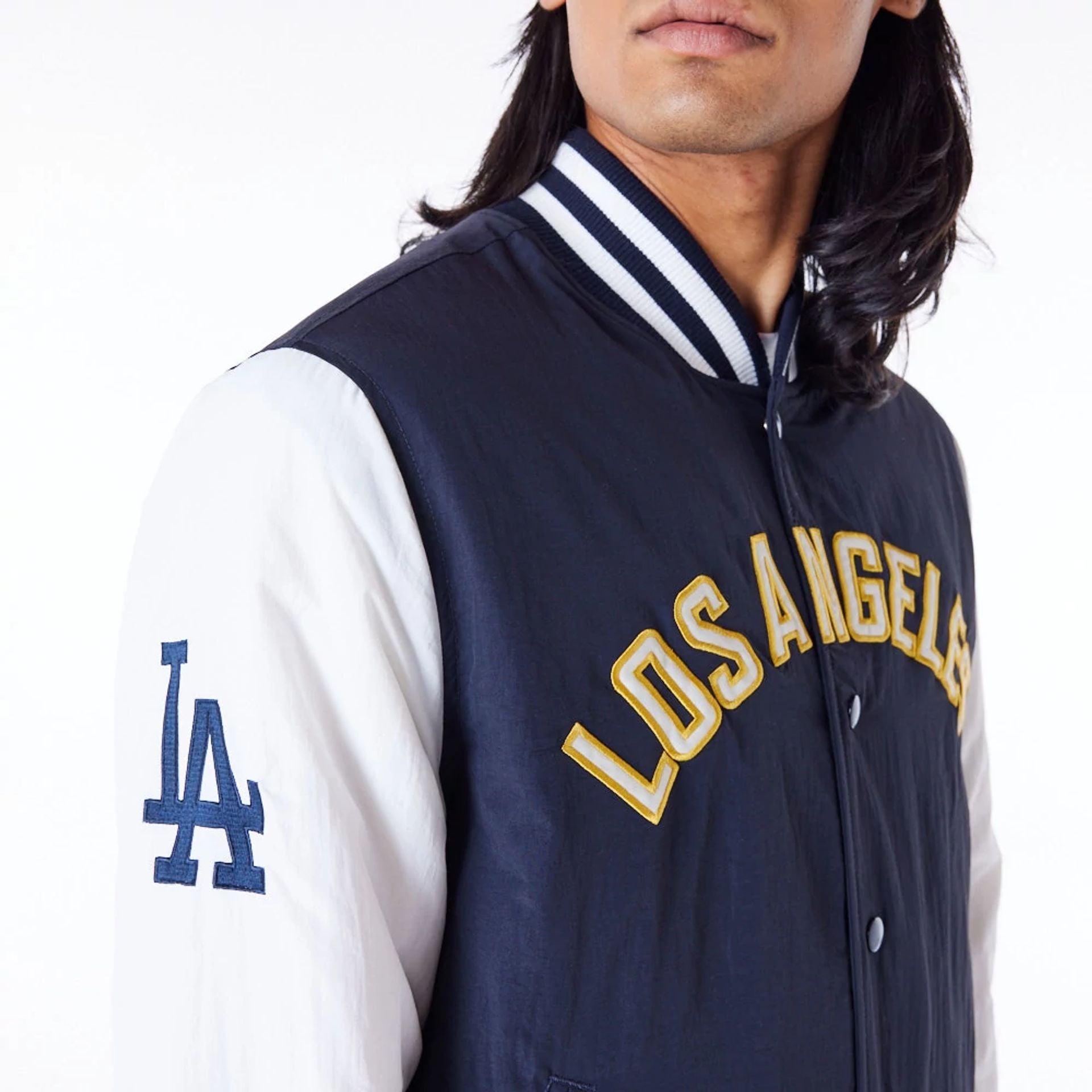 The Male model is wearing LA Dodgers MLB Wordmark Navy Bomber Jacket 5