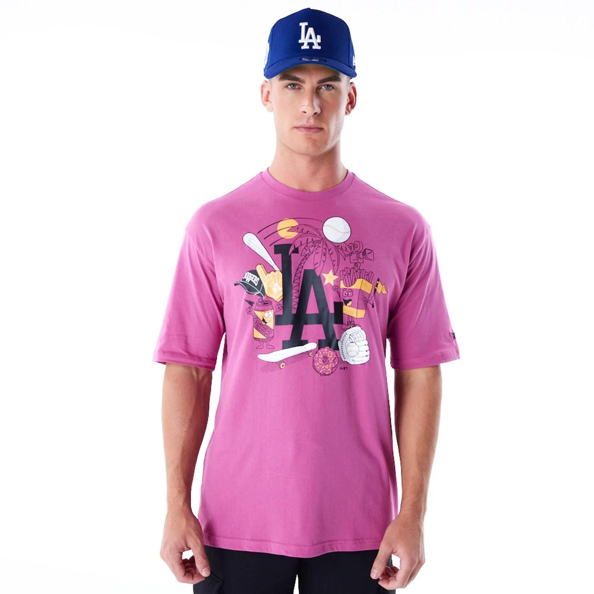 The Male model is wearing LA Dodgers MLB Food Graphic Purple Oversized T-Shirt 2