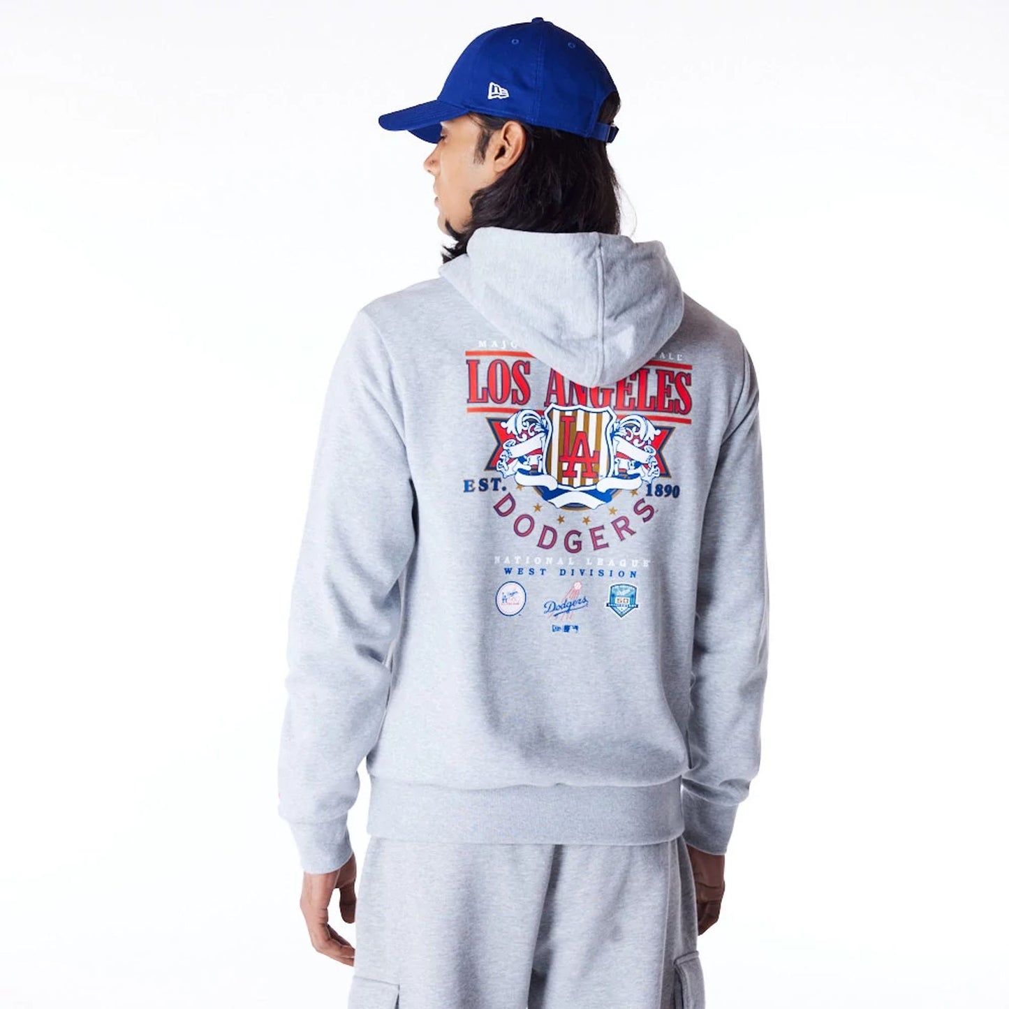 The Male model is wearing LA Dodgers MLB Badge Graphic Grey Pullover Hoodie 1