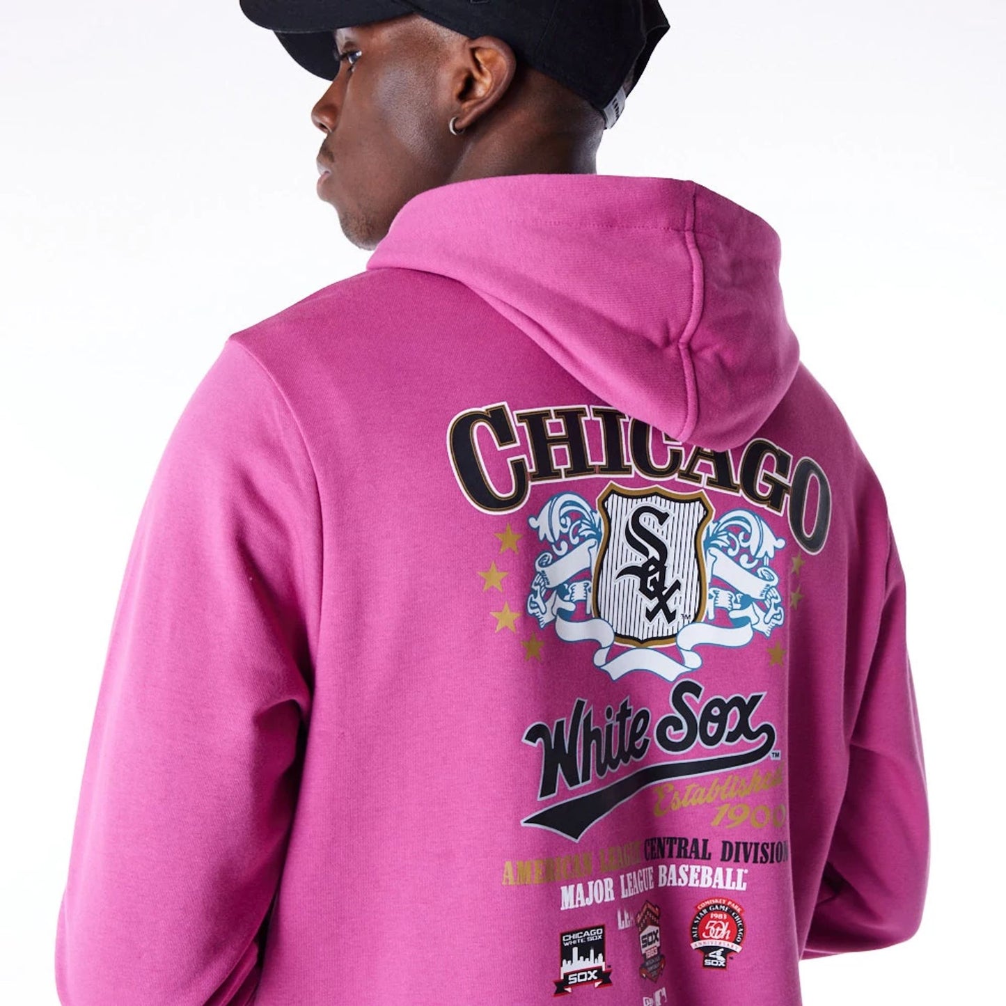 The Male model is wearing Chicago White Sox MLB Badge Graphic Purple Pullover Hoodie 1