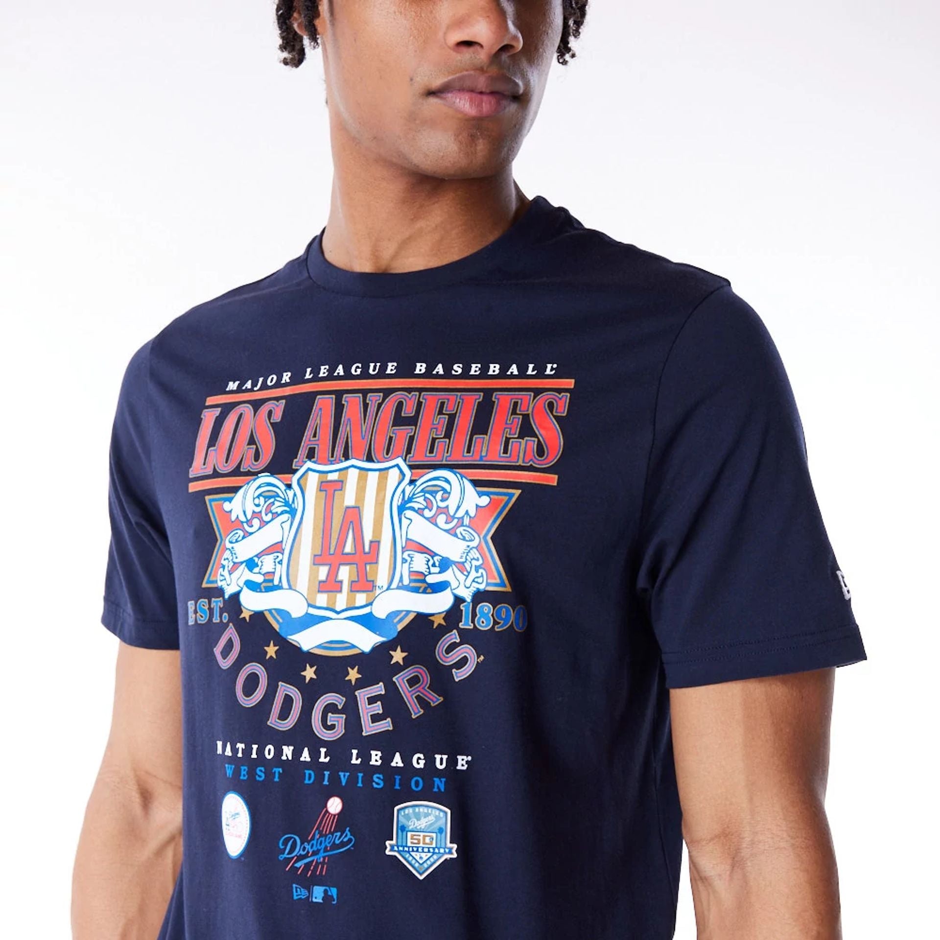 The Male model is wearing LA Dodgers MLB Badge Graphic Navy T-Shirt 6