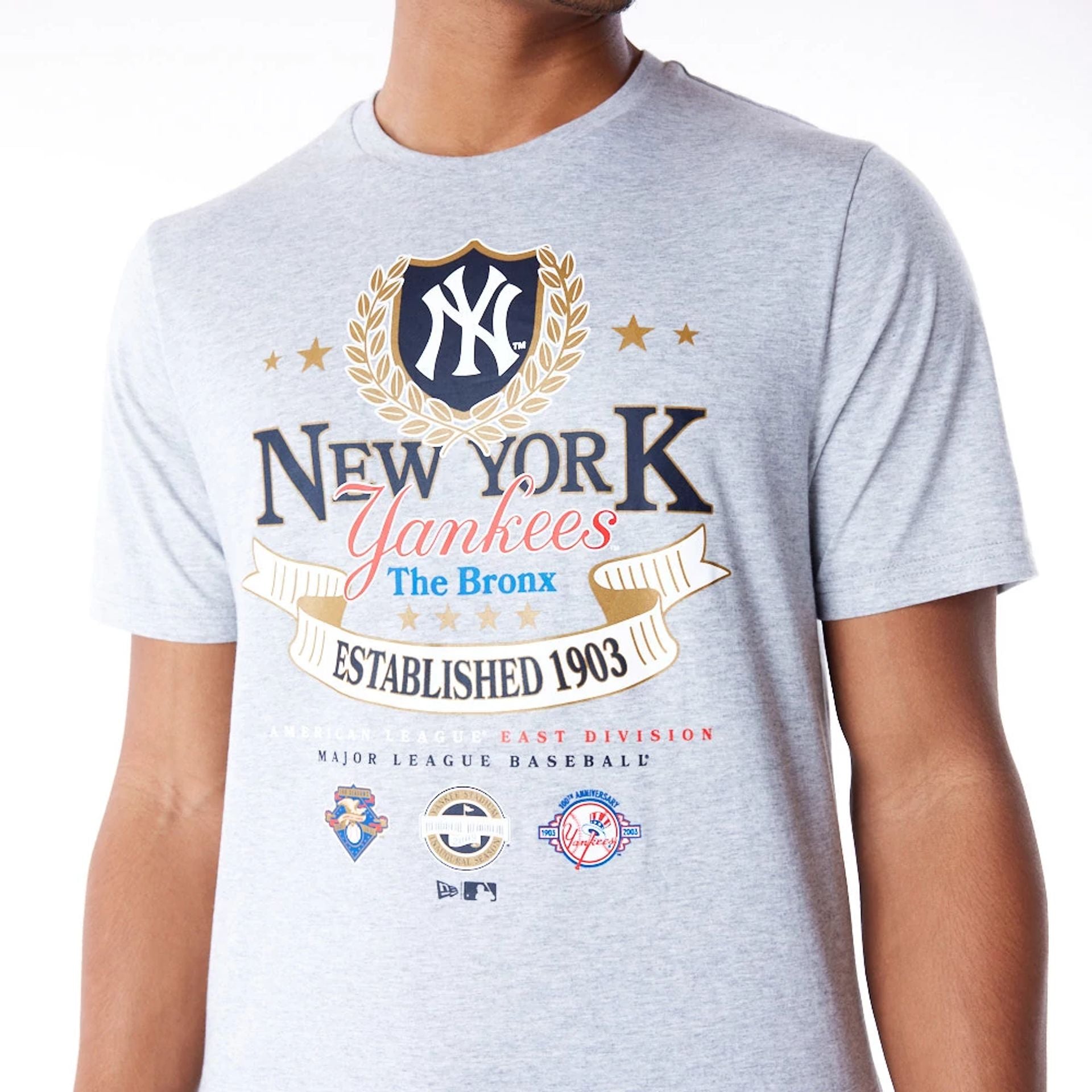 The Male model is wearing New York Yankees MLB Badge Graphic Grey T-Shirt 4