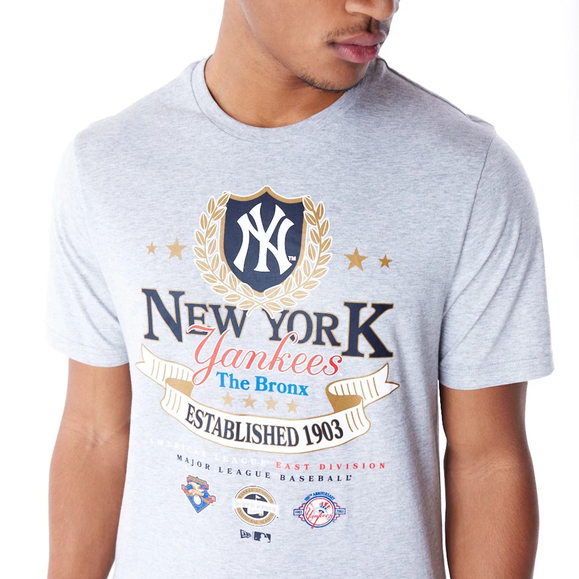 The Male model is wearing New York Yankees MLB Badge Graphic Grey T-Shirt 2