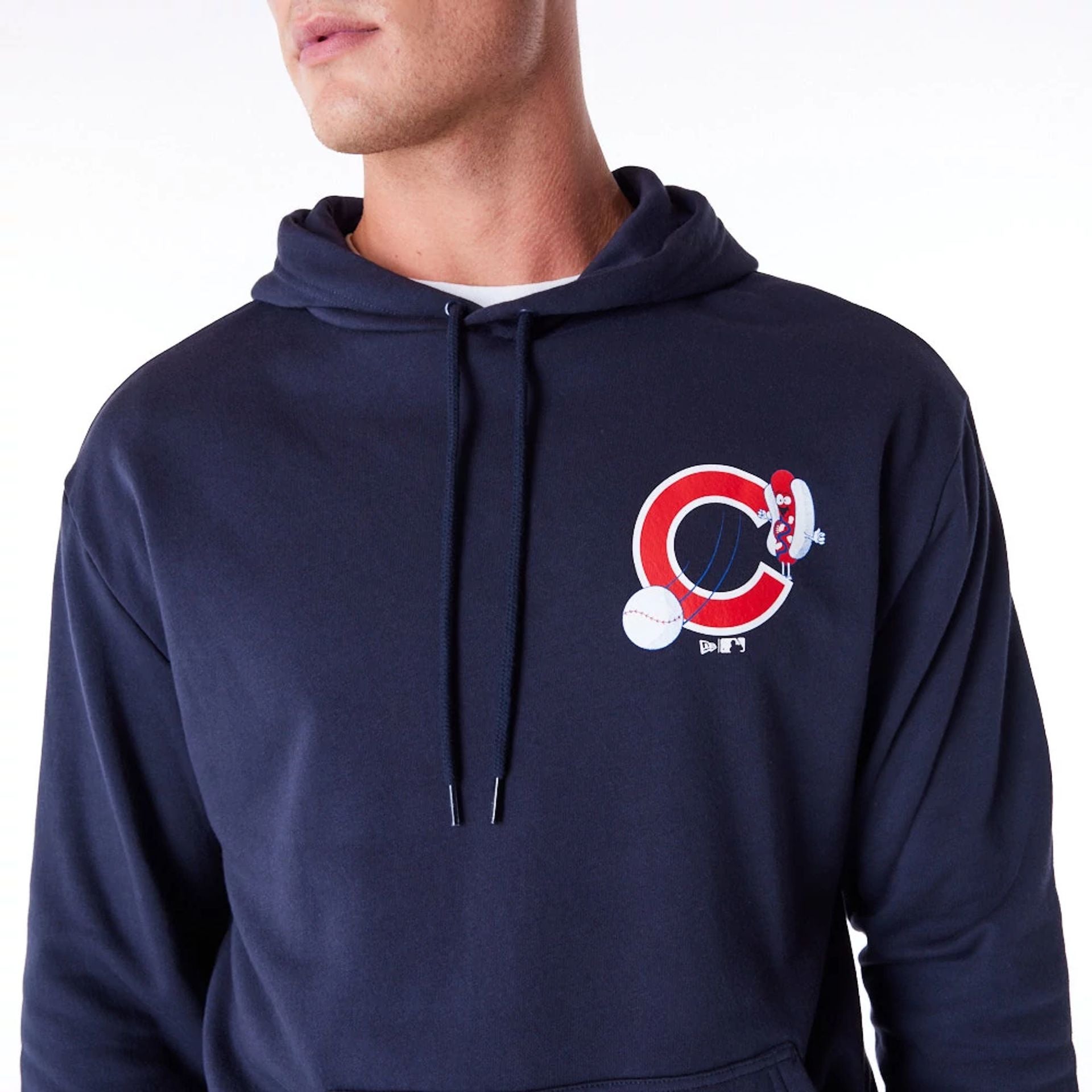 The Male model is wearing Chicago Cubs MLB Food Graphic Navy Oversized Pullover Hoodie 2