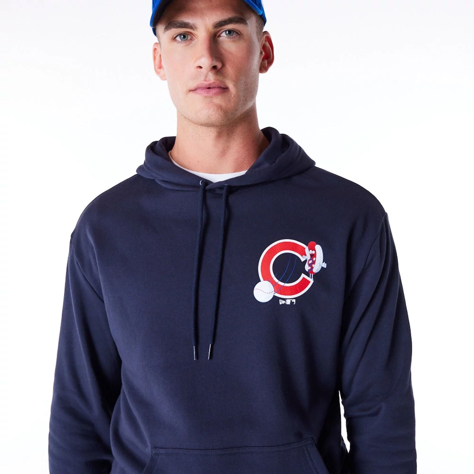 The Male model is wearing Chicago Cubs MLB Food Graphic Navy Oversized Pullover Hoodie 6