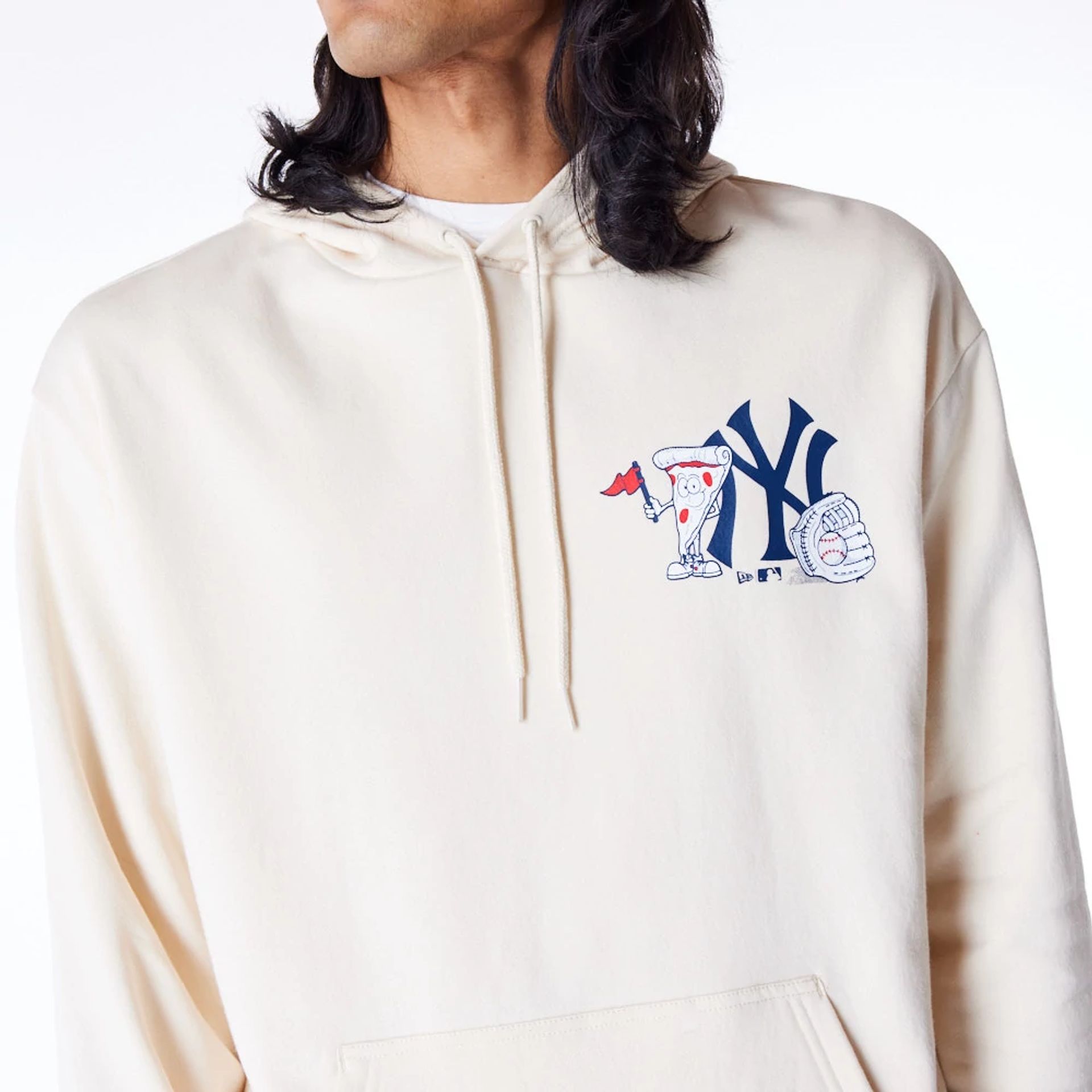 The Male model is wearing New York Yankees MLB Food Graphic Stone Oversized Pullover Hoodie 5