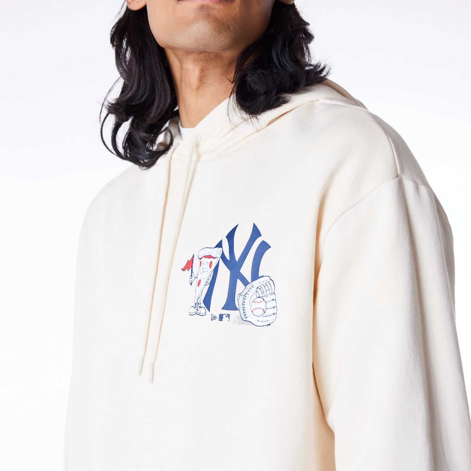 The Male model is wearing New York Yankees MLB Food Graphic Stone Oversized Pullover Hoodie 4