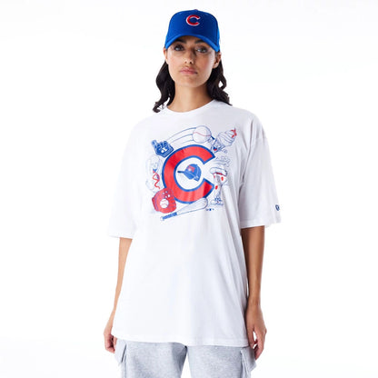 The Male model is wearing Chicago Cubs MLB Food Graphic White Oversized T-Shirt 5