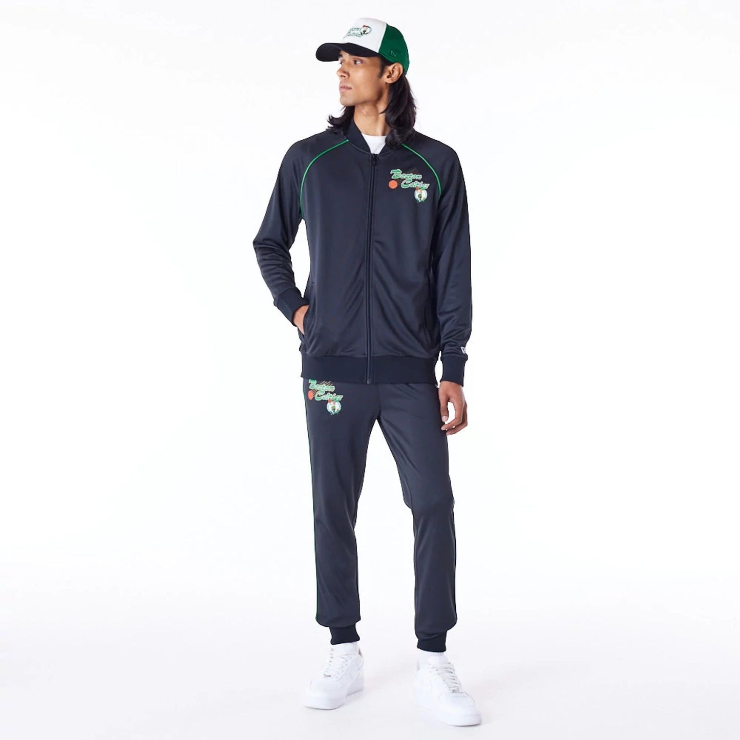 The Male model is wearing Boston Celtics NBA Script Black Track Jacket 7