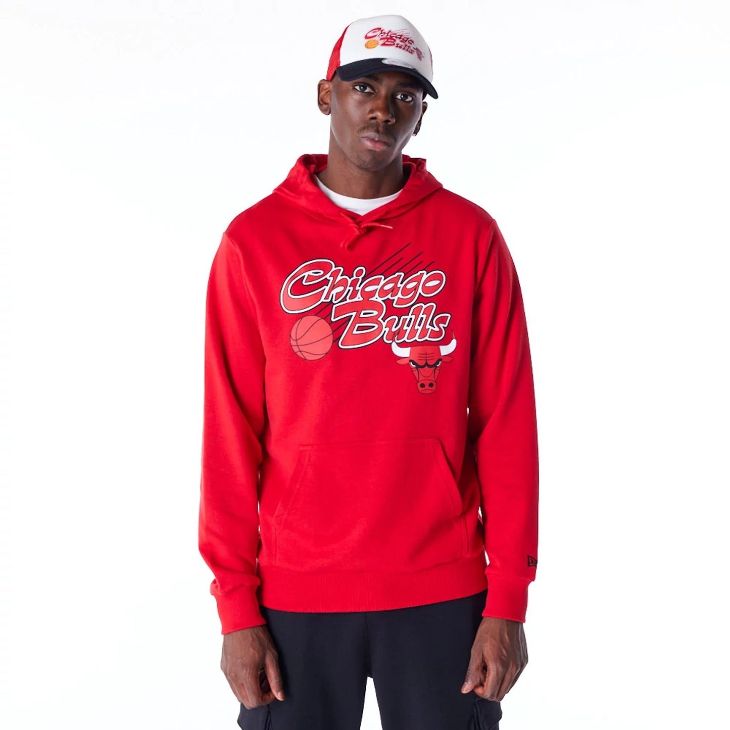 The Male model is wearing Chicago Bulls Script Red Pullover Hoodie 1