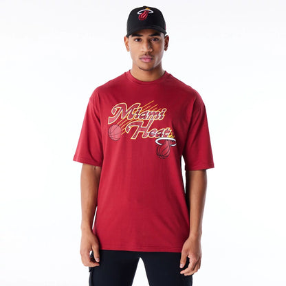 The Male model is wearing Miami Heat NBA Script Dark Red Oversized T-Shirt 6