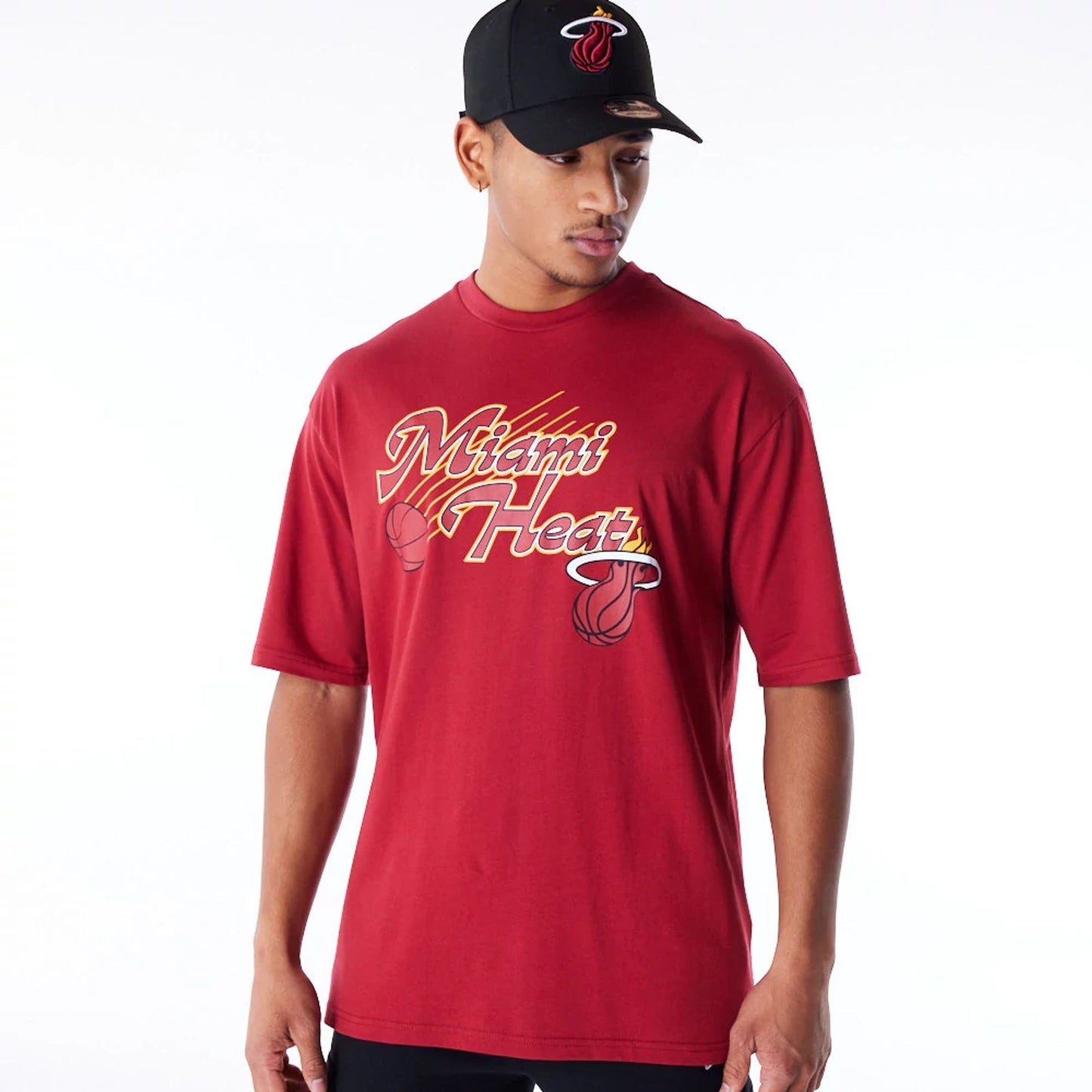 The Male model is wearing Miami Heat NBA Script Dark Red Oversized T-Shirt 1