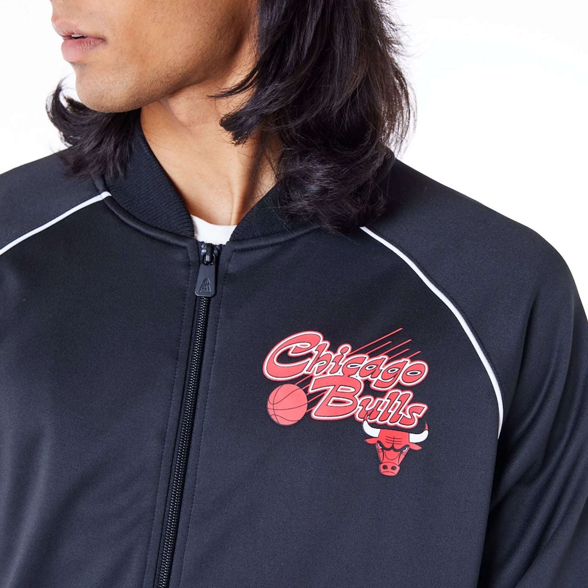 The Male model is wearing Chicago Bulls NBA Script Black Track Jacket 2