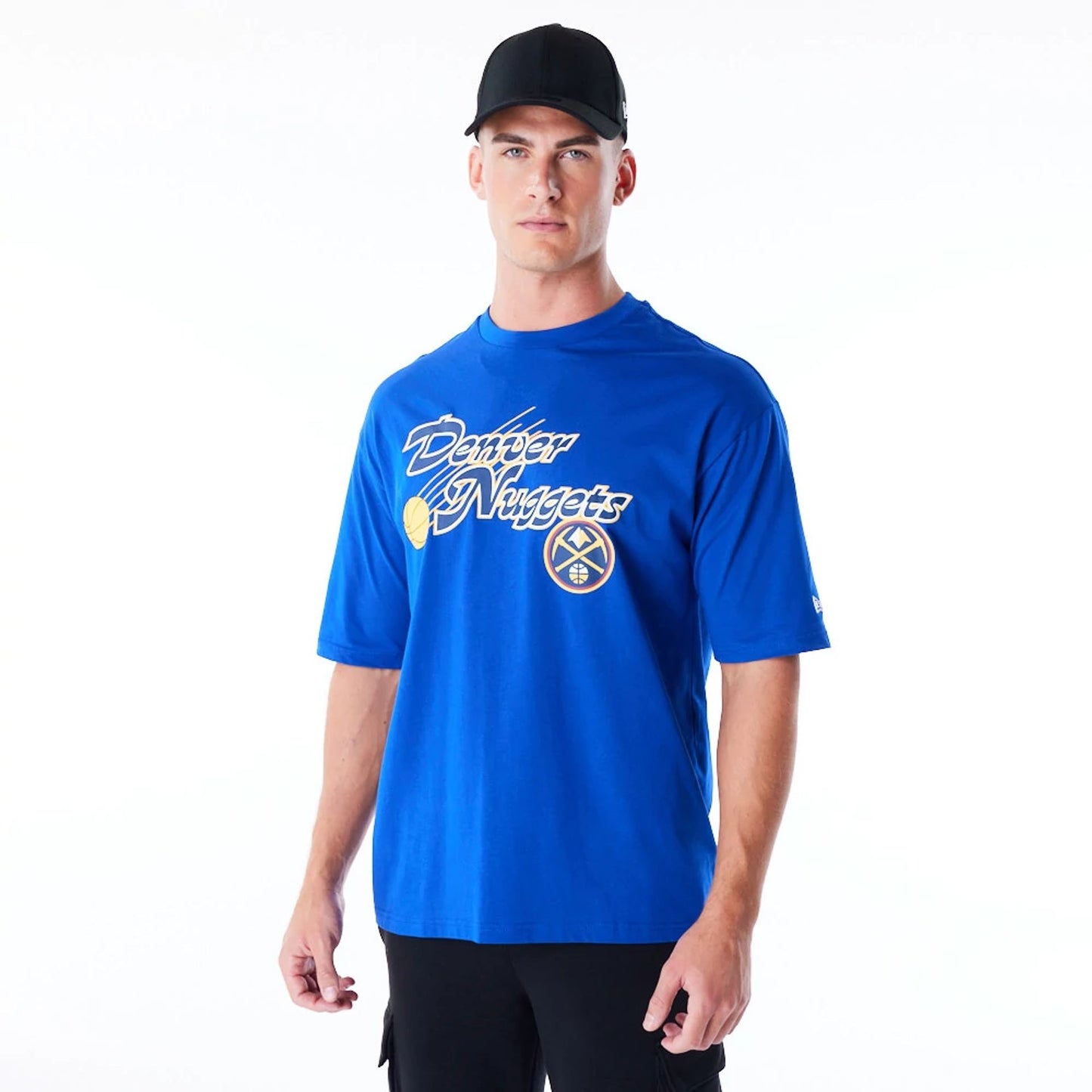 The Male model is wearing Denver Nuggets NBA Script Blue Oversized T-Shirt 4