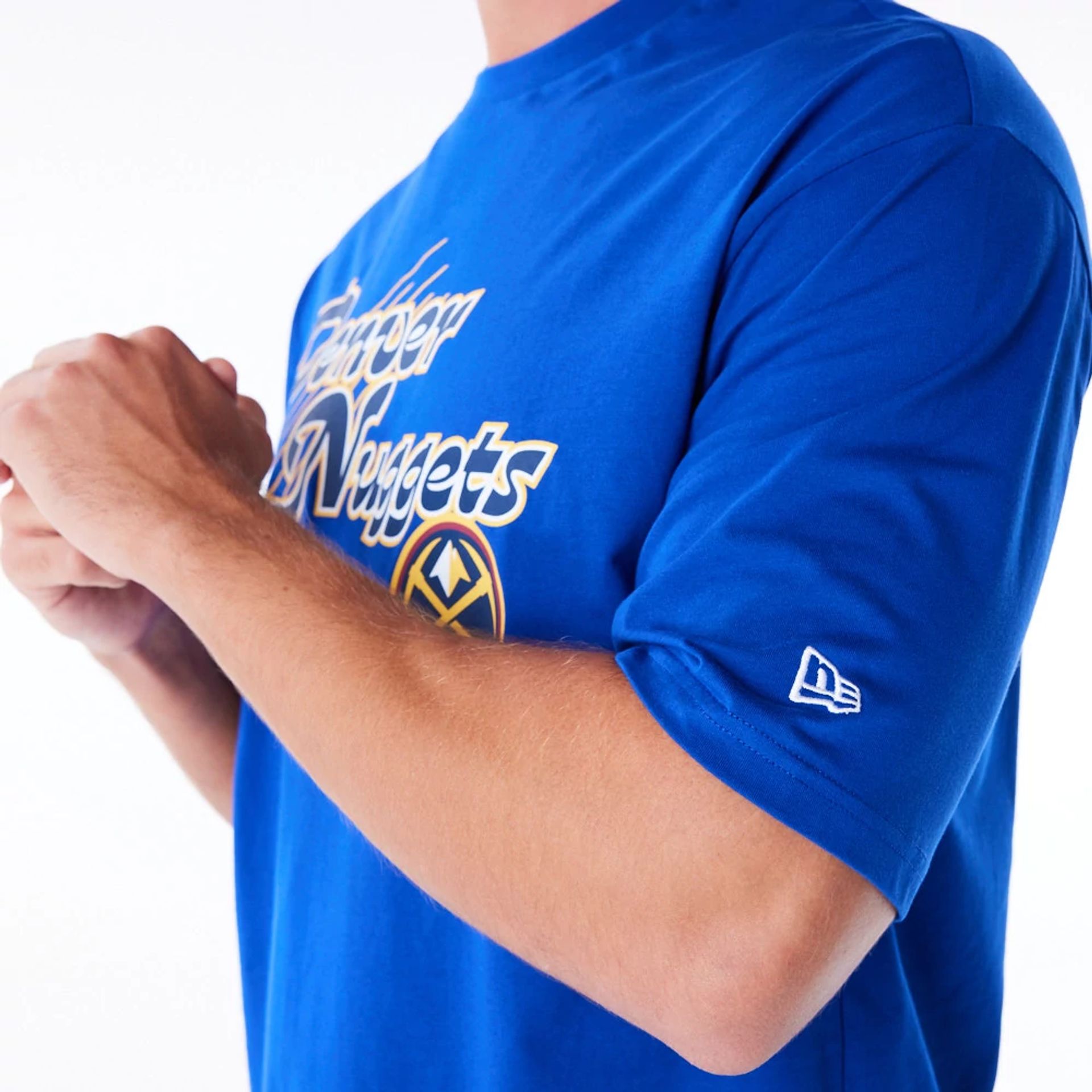 The Male model is wearing Denver Nuggets NBA Script Blue Oversized T-Shirt 2