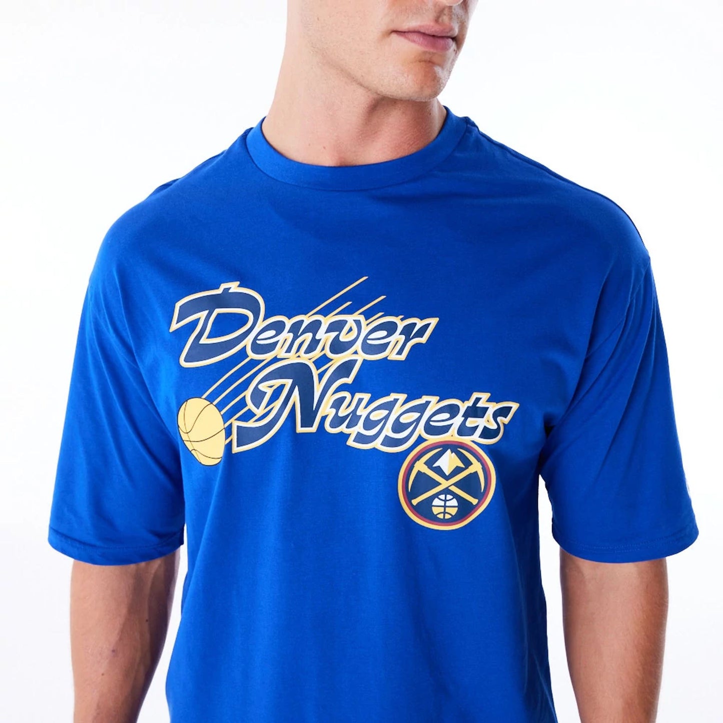 The Male model is wearing Denver Nuggets NBA Script Blue Oversized T-Shirt 3