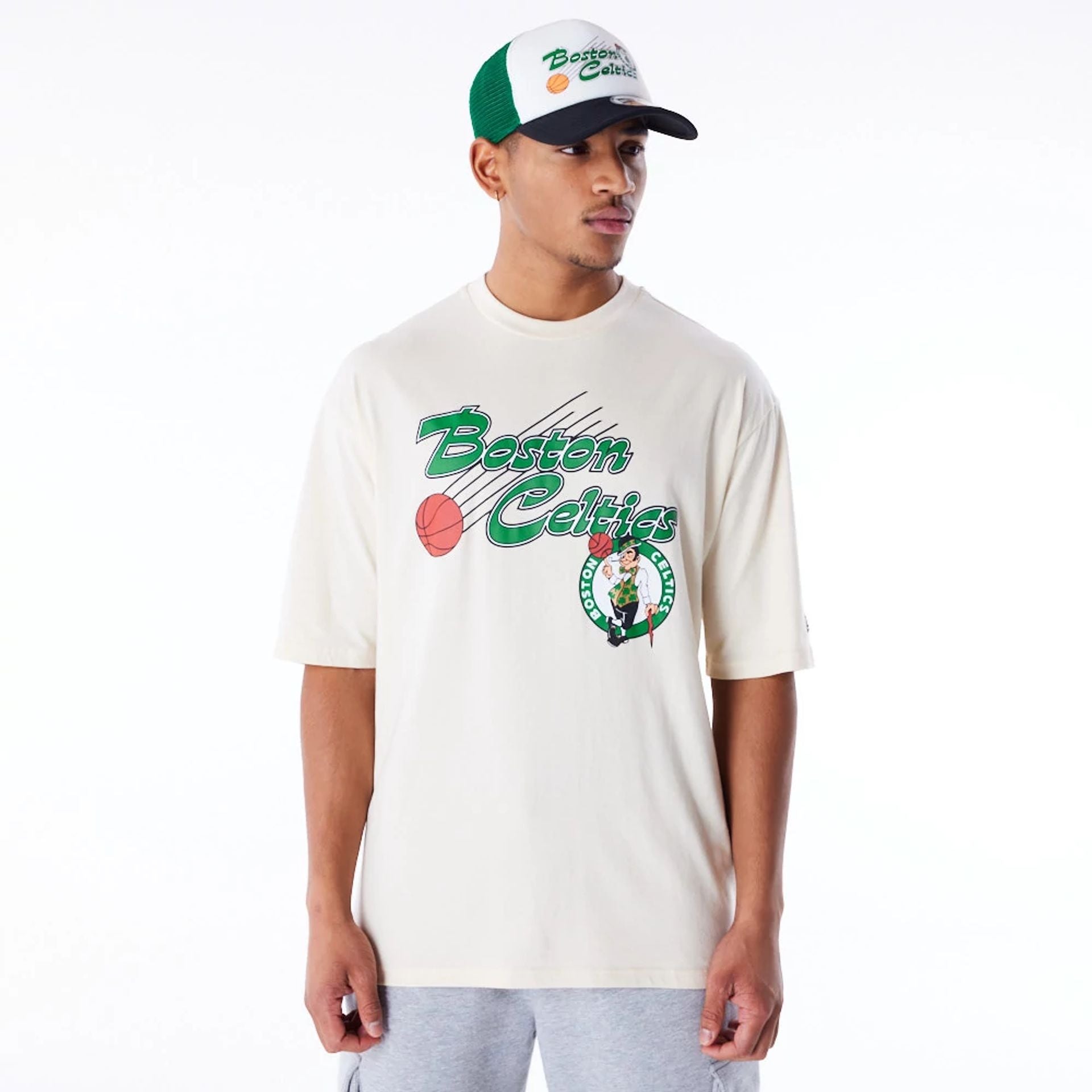 The Male model is wearing Boston Celtics NBA Script Stone Oversized T-Shirt 1