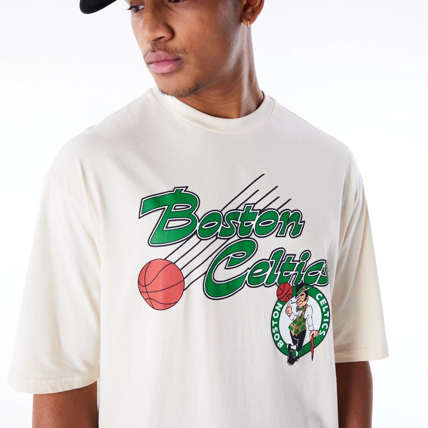 The Male model is wearing Boston Celtics NBA Script Stone Oversized T-Shirt 2