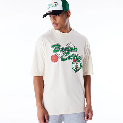 The Male model is wearing Boston Celtics NBA Script Stone Oversized T-Shirt 6