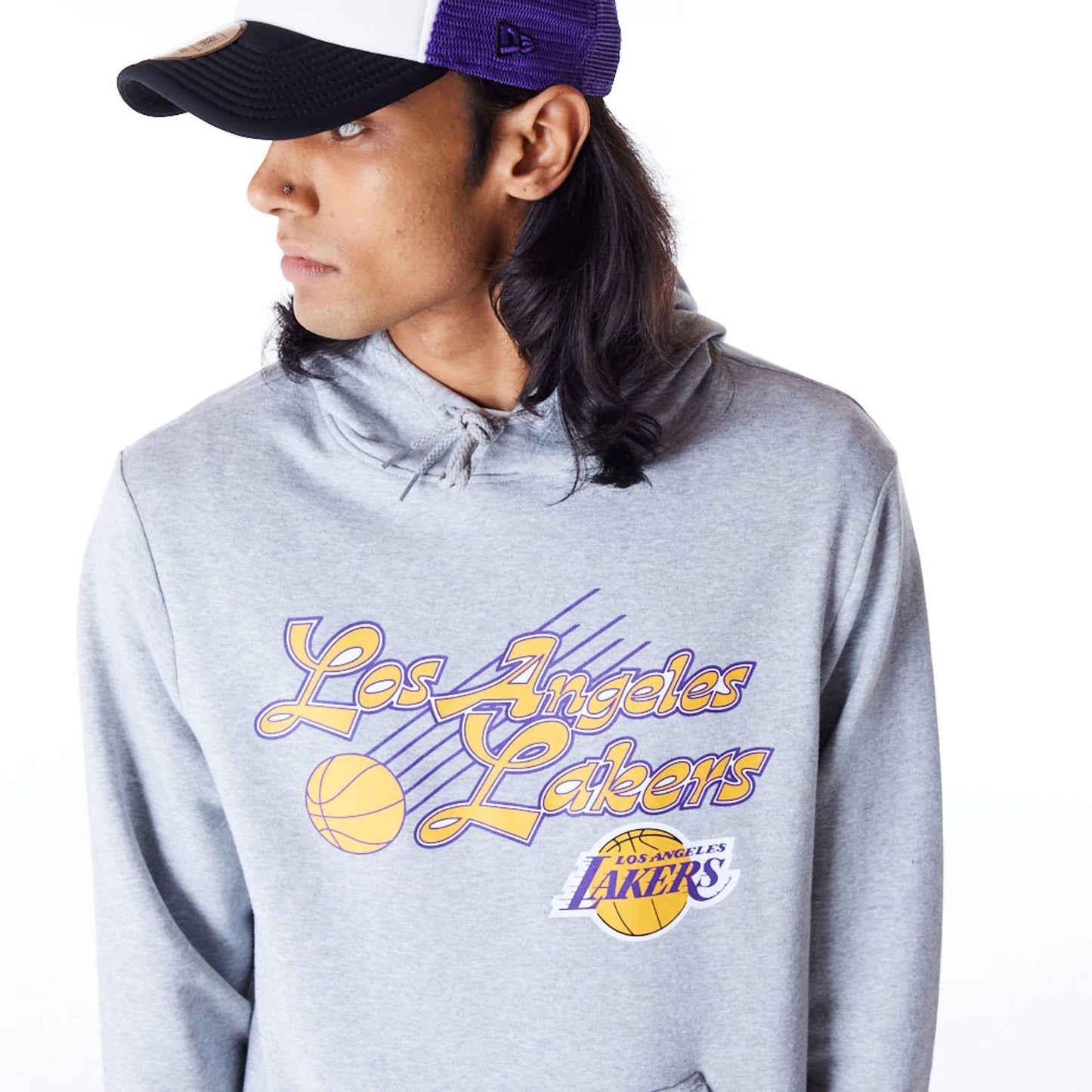 The Male model is wearing LA Lakers Script Grey Pullover Hoodie 3