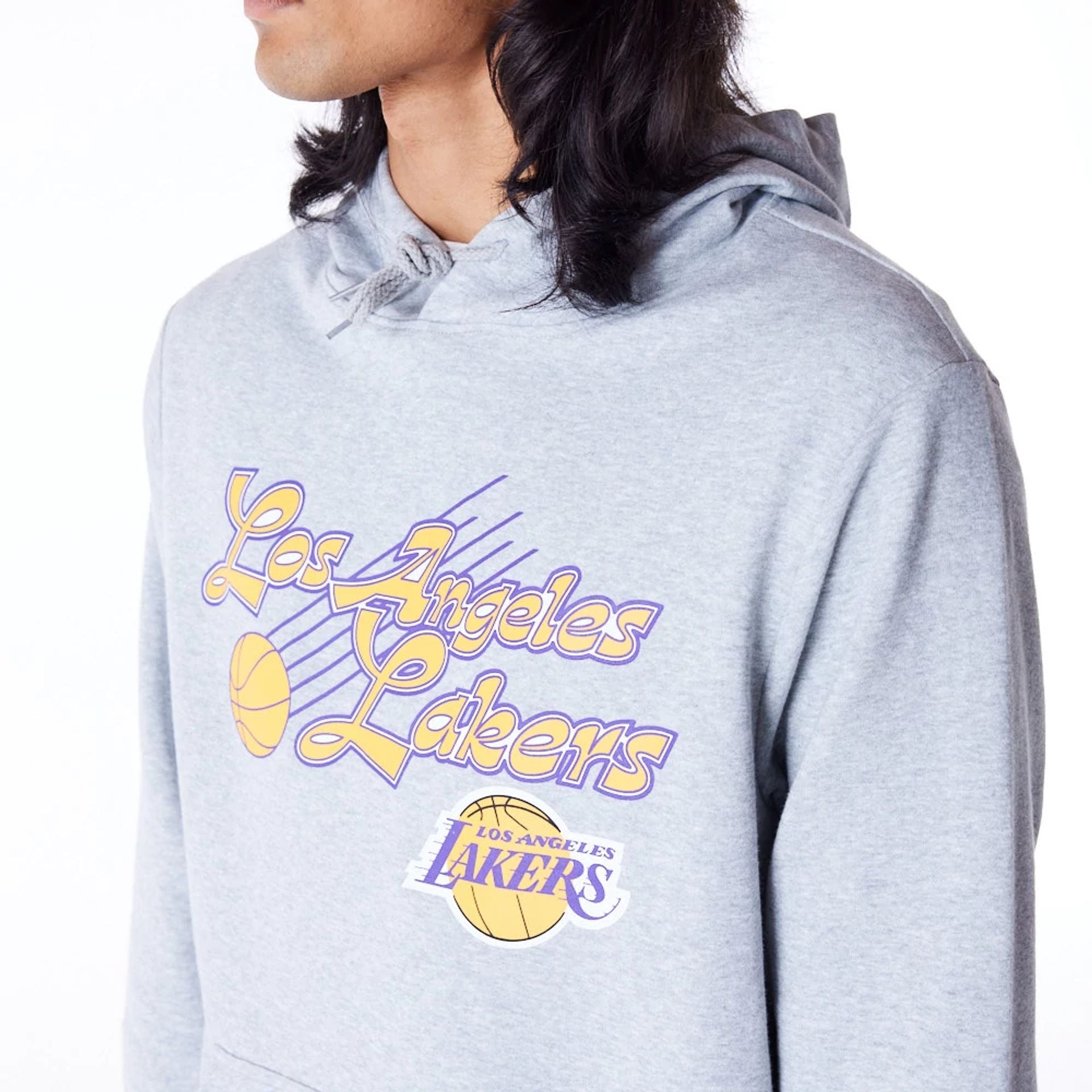 The Male model is wearing LA Lakers Script Grey Pullover Hoodie 5