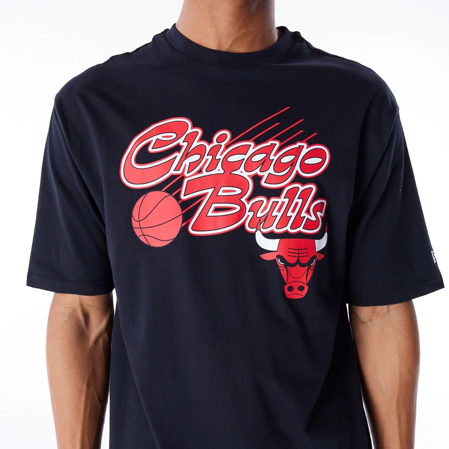 The Male model is wearing Chicago Bulls NBA Script Graphic Black Oversized T-Shirt 3