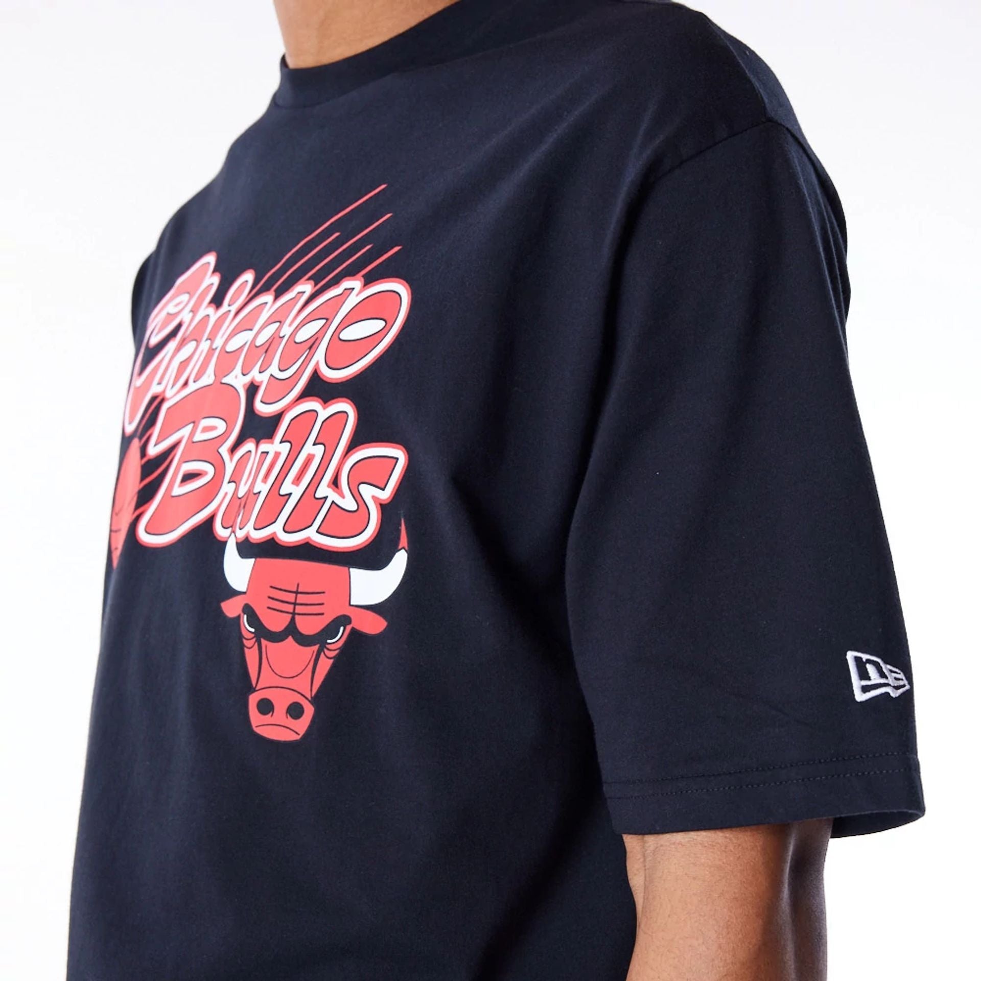 The Male model is wearing Chicago Bulls NBA Script Graphic Black Oversized T-Shirt 4