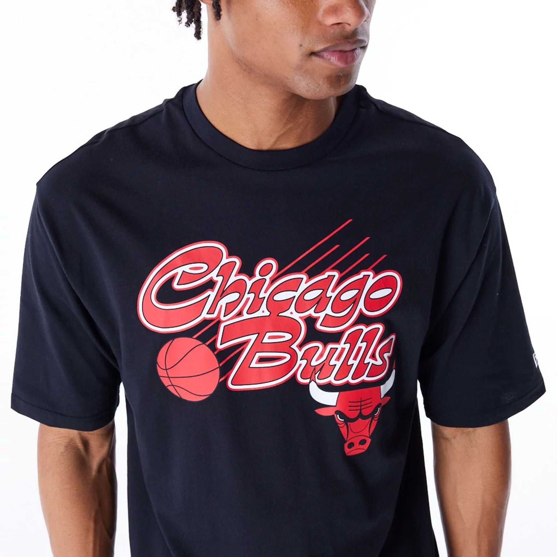 The Male model is wearing Chicago Bulls NBA Script Graphic Black Oversized T-Shirt 1