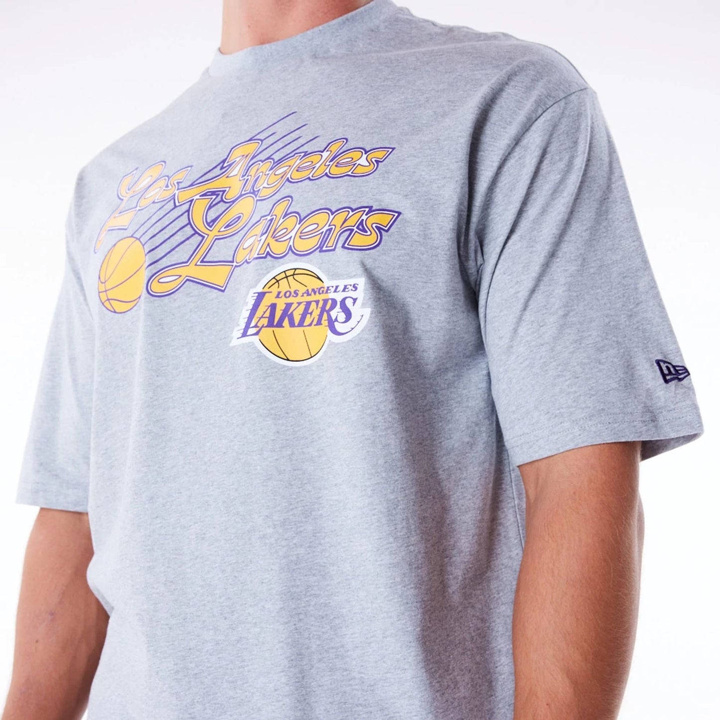 The Male model is wearing LA Lakers NBA Script Grey Oversized T-Shirt 4