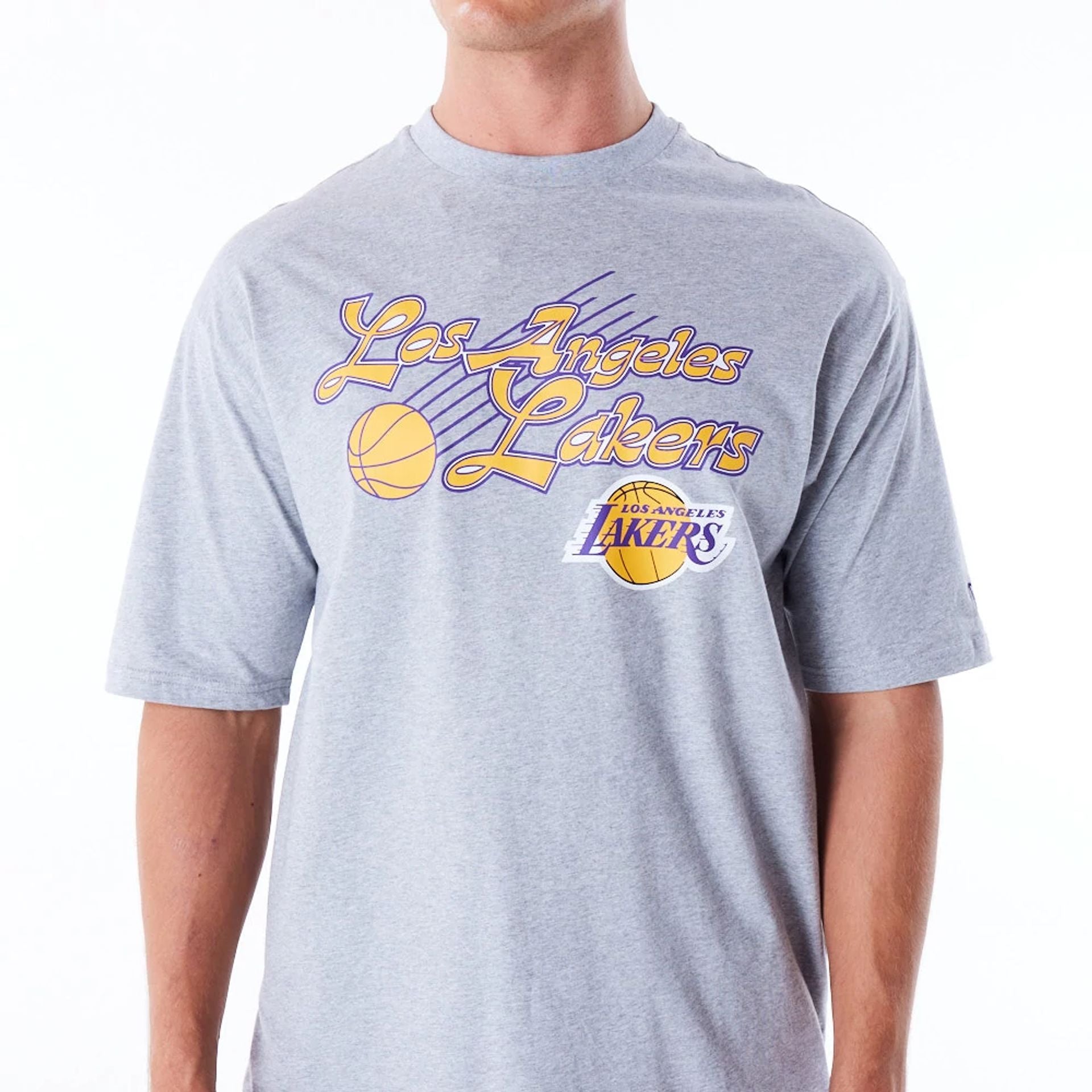 The Male model is wearing LA Lakers NBA Script Grey Oversized T-Shirt 1