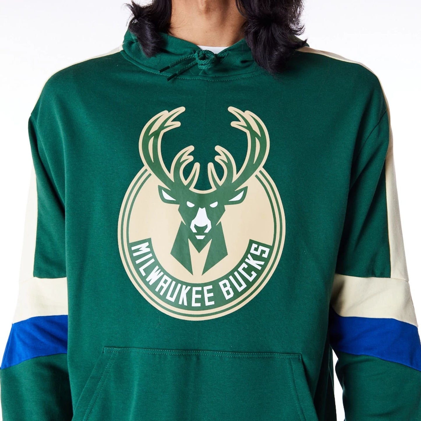 The Male model is wearing Milwaukee Bucks Colour Block Dark Green Pullover Hoodie 5