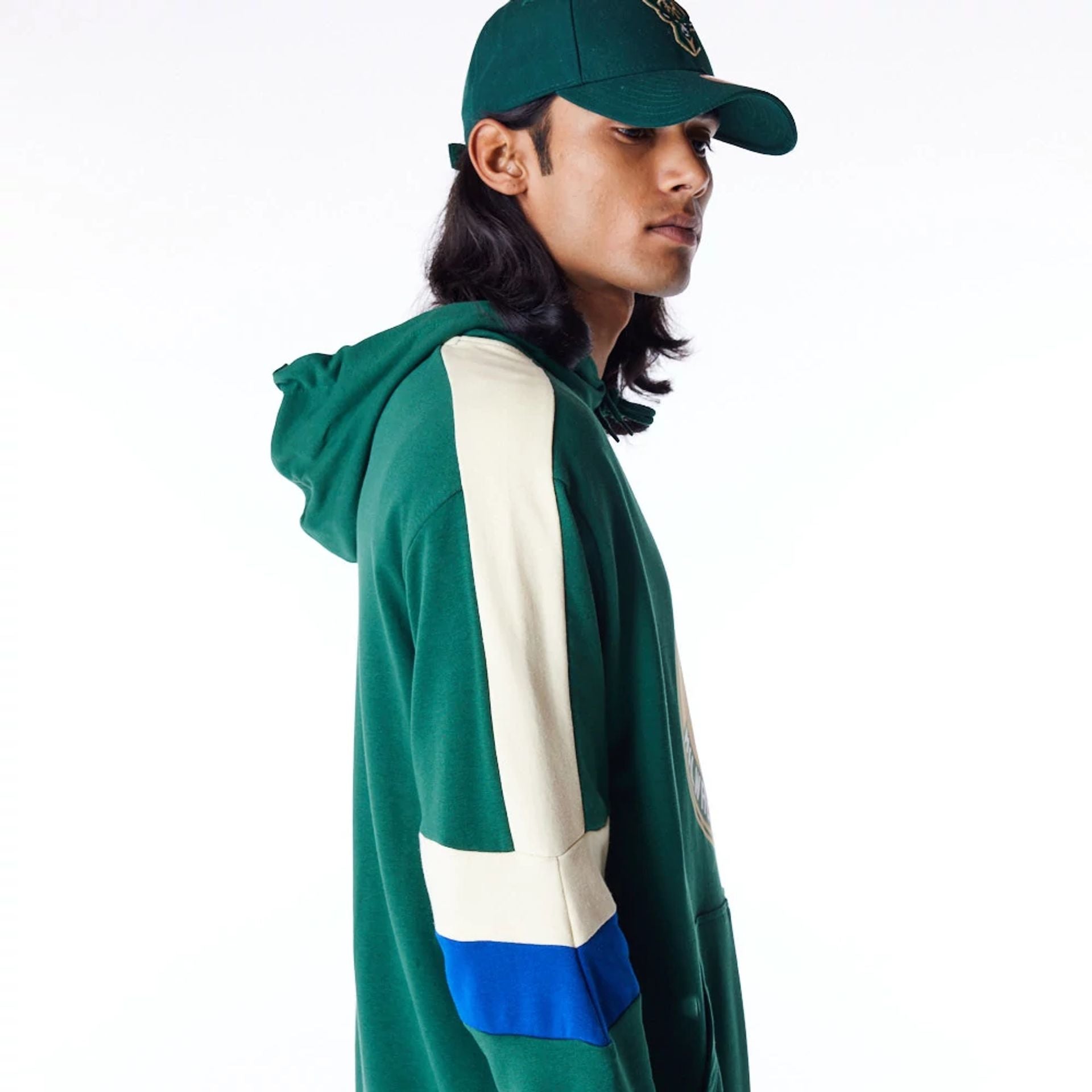 The Male model is wearing Milwaukee Bucks Colour Block Dark Green Pullover Hoodie 2