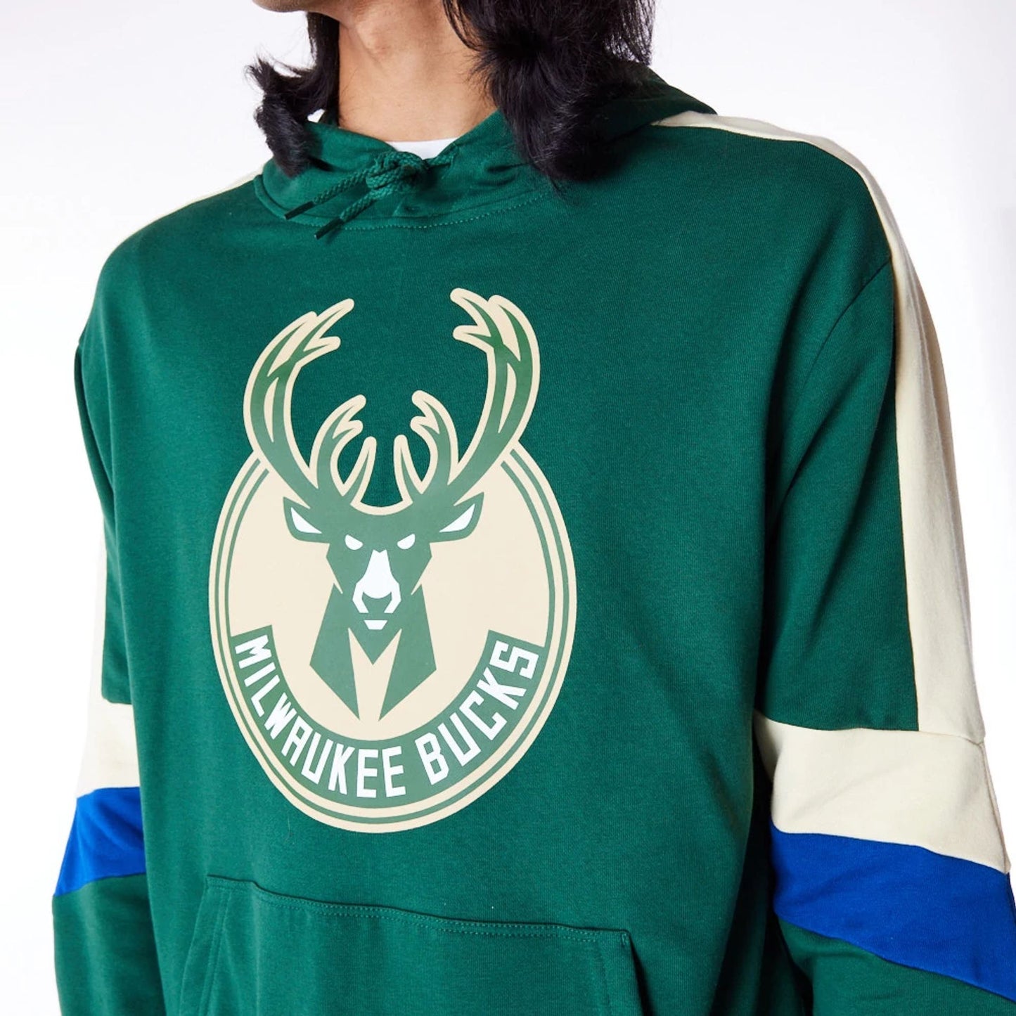 The Male model is wearing Milwaukee Bucks Colour Block Dark Green Pullover Hoodie 3