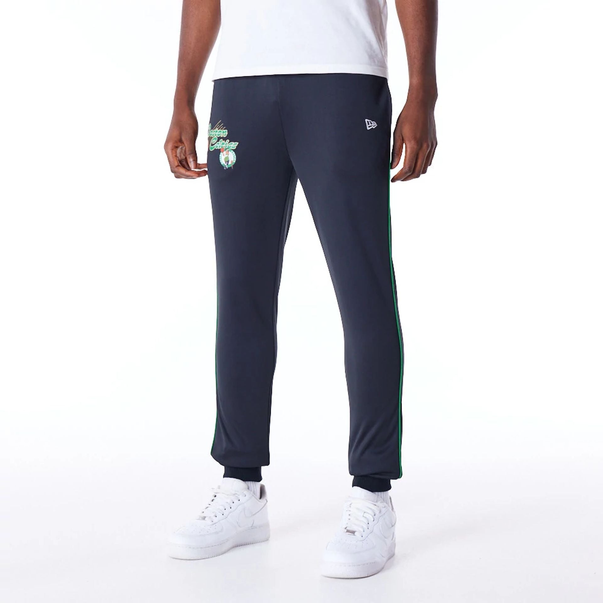 The Male model is wearing Boston Celtics NBA Script Black Fleece Track Joggers 1