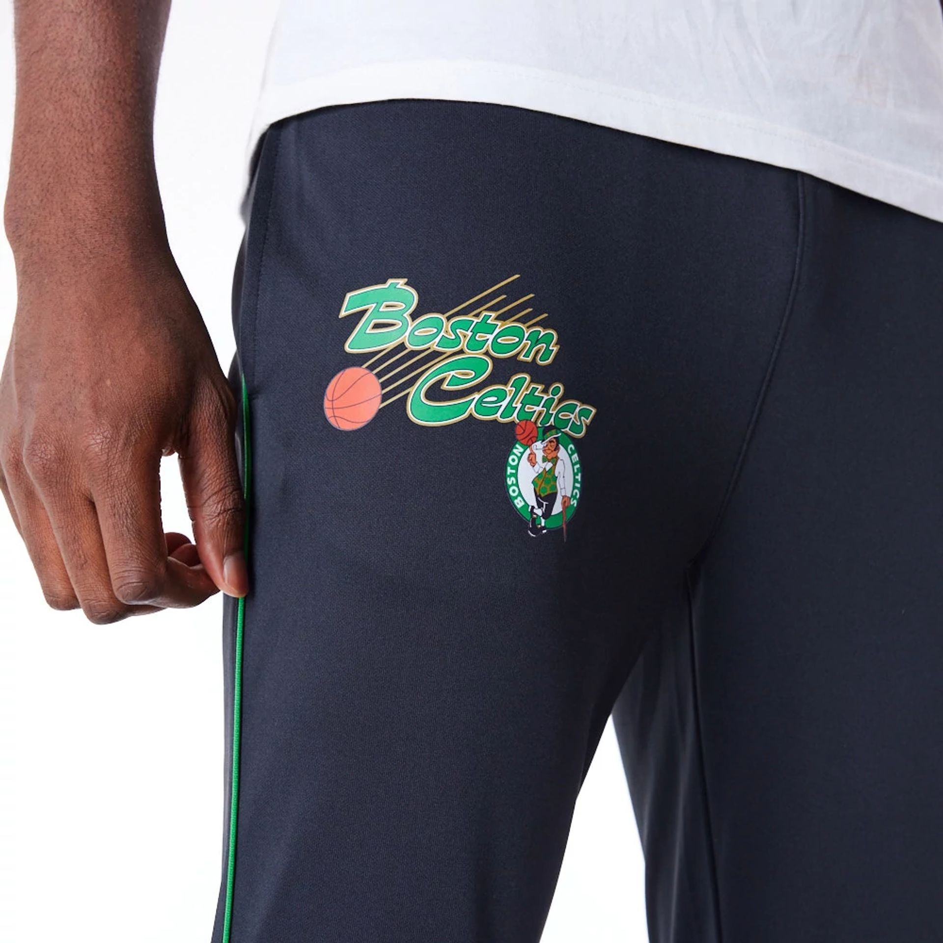 The Male model is wearing Boston Celtics NBA Script Black Fleece Track Joggers 2