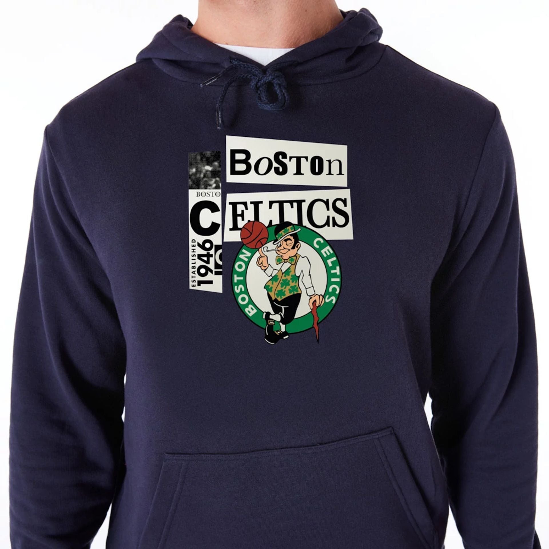 The Male model is wearing Boston Celtics Newspaper Graphic Navy Pullover Hoodie 1