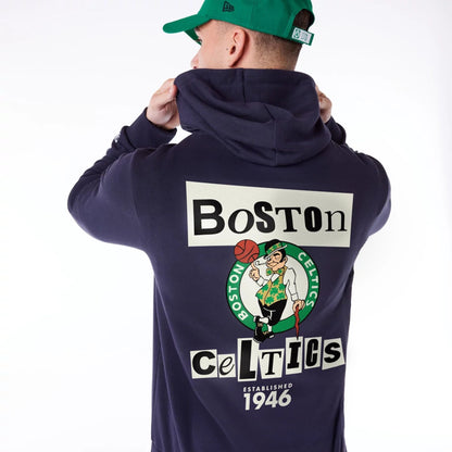 The Male model is wearing Boston Celtics Newspaper Graphic Navy Pullover Hoodie 3